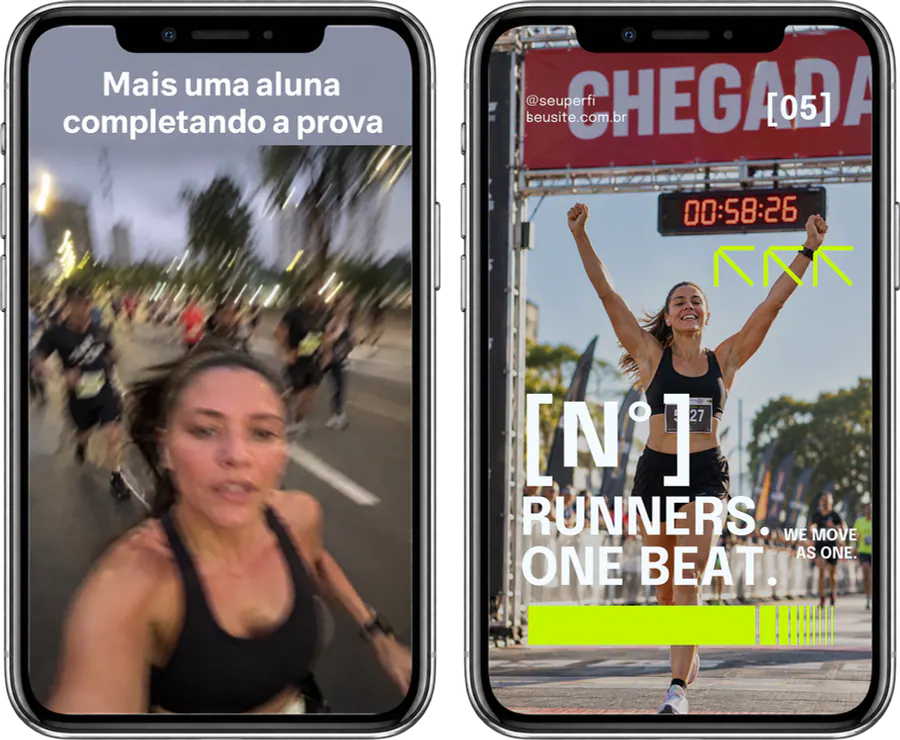 Corrida: Story improvisado feito direto no Instagram ao lado do mesmo Story num estilo do Pack