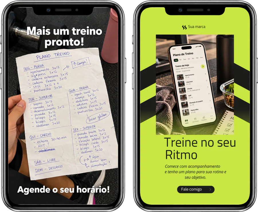Treino: Story improvisado feito direto no Instagram ao lado do mesmo Story num estilo do Pack