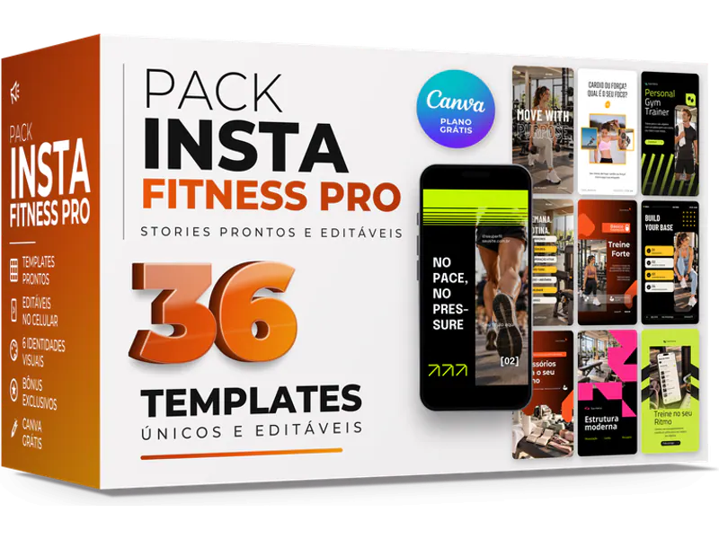 Caixa do Pack Fitness PRO: 36 templates únicos editáveis no Canva grátis