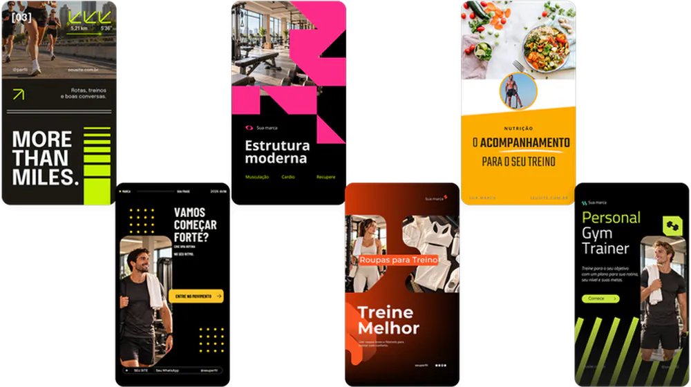 Os 6 estilos visuais diferentes de templates fitness do pack