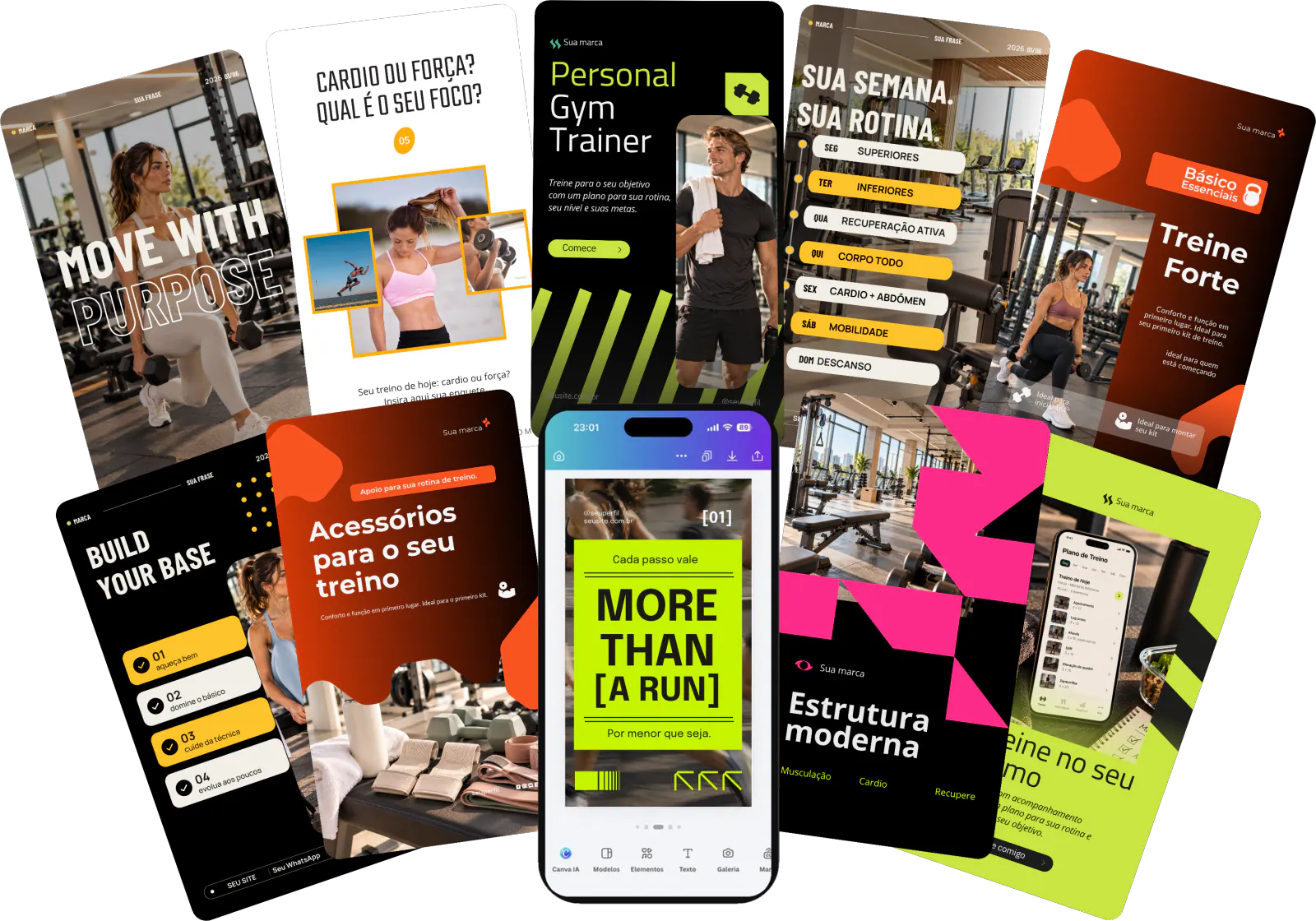 Artes do Pack Fitness PRO para Stories e um celular editando uma delas no Canva